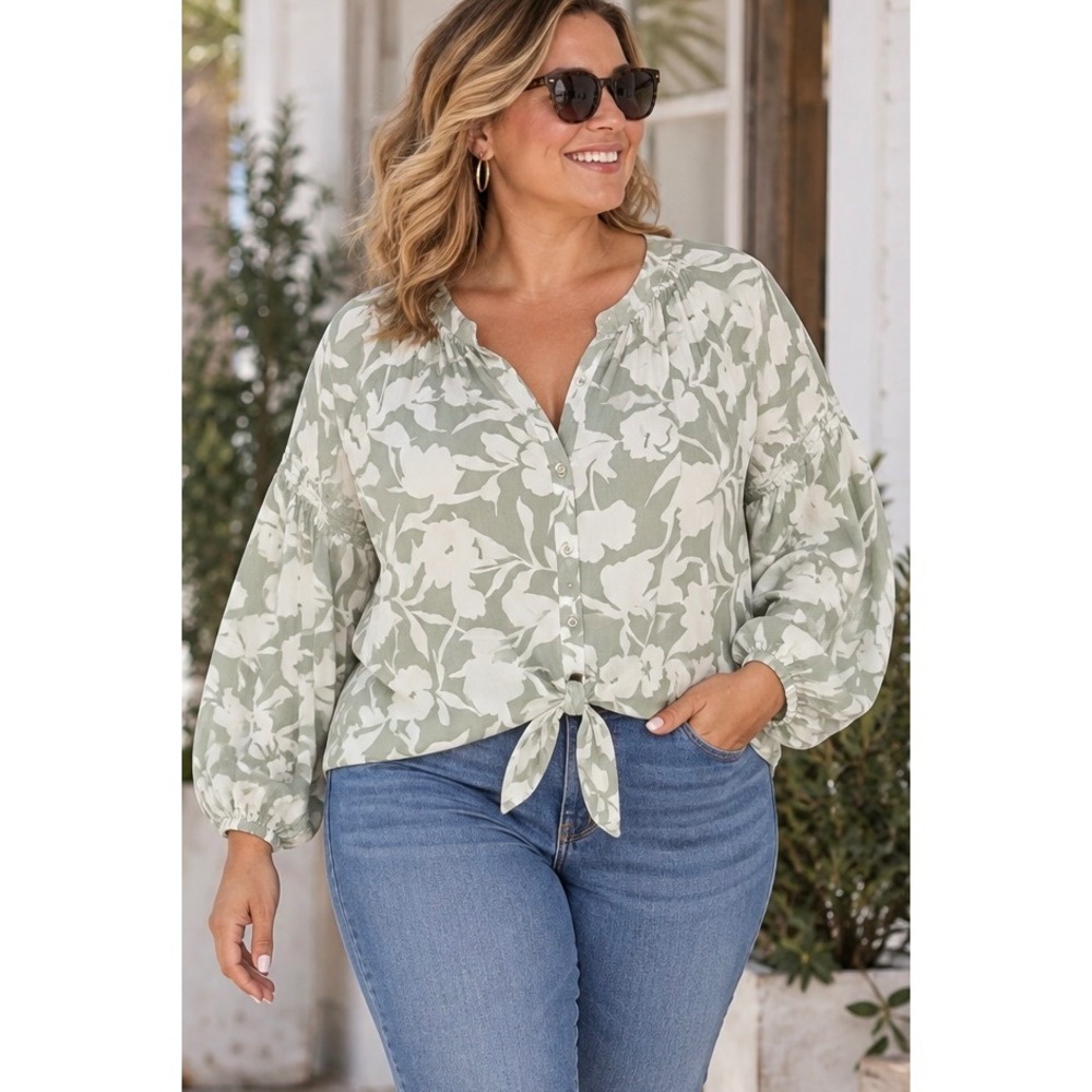 Sanctuary Sage Green Floral Tie Front Blouse 2X Boho Cottagecore Viscose Top